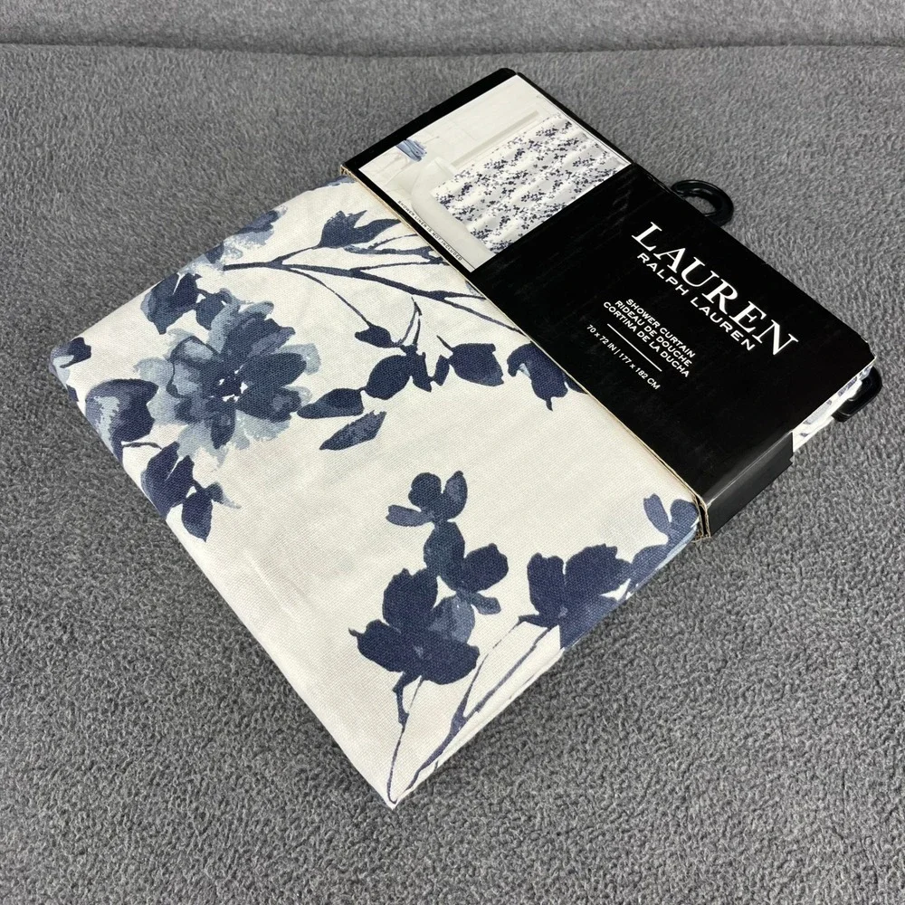 Lauren Ralph Lauren Shower Curtain Blue White Floral Cotton 70x72 Tailored Hem